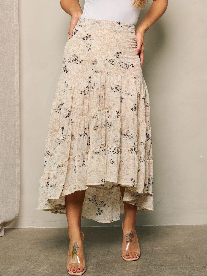 WOMEN'S HIGH-LOW TIERED FLORAL MIDI SKIRT