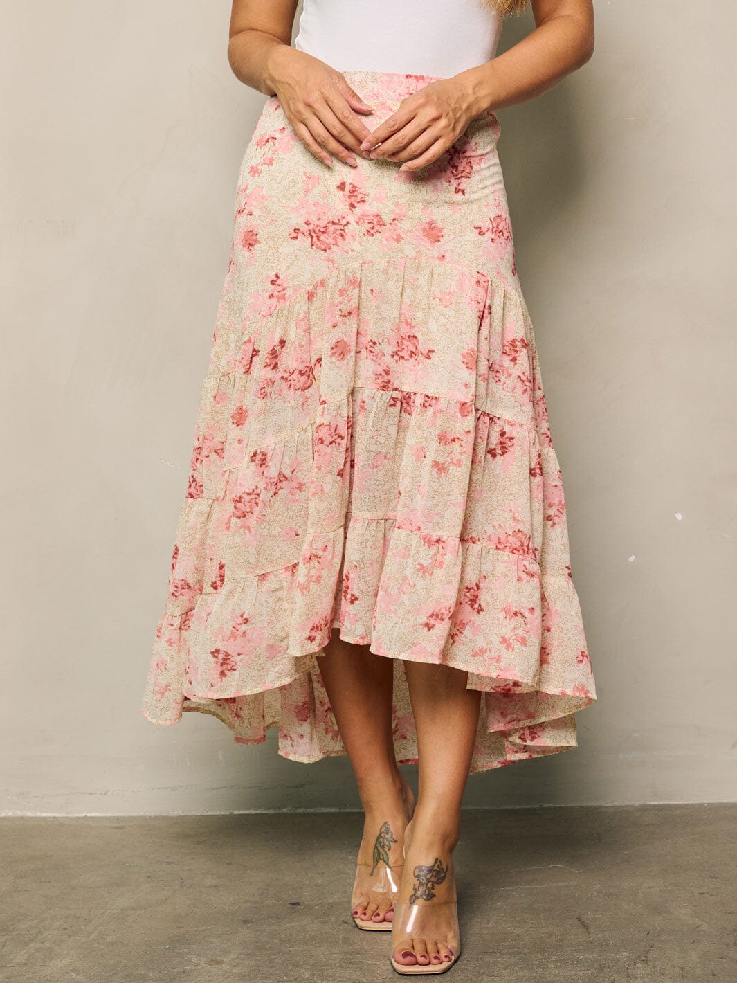 WOMEN'S HIGH-LOW TIERED FLORAL MIDI SKIRT