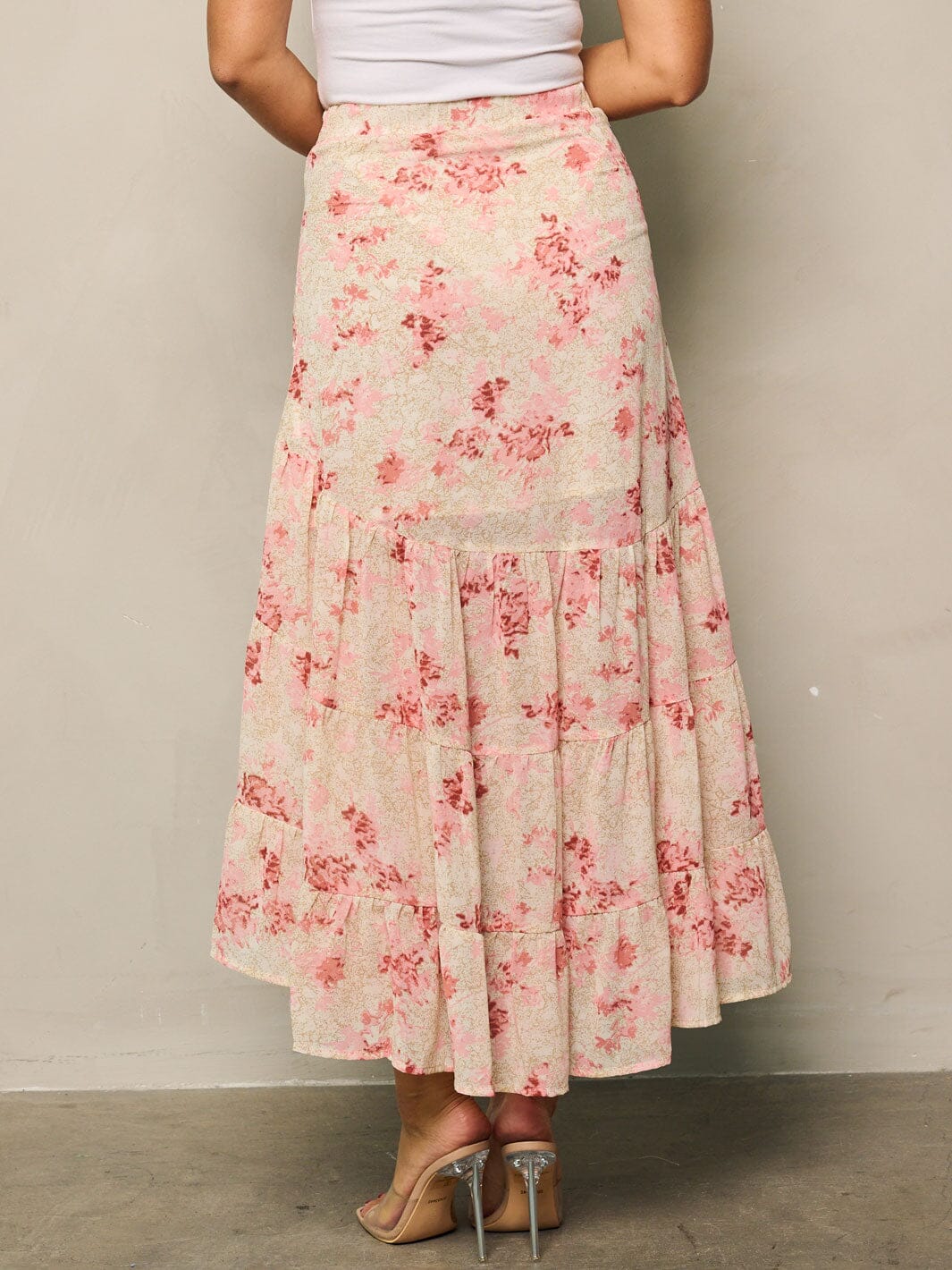 WOMEN'S HIGH-LOW TIERED FLORAL MIDI SKIRT