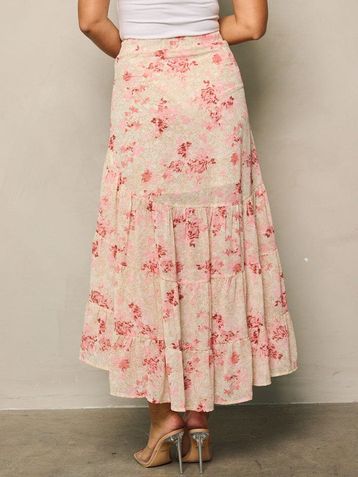 WOMEN'S HIGH-LOW TIERED FLORAL MIDI SKIRT