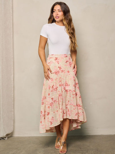 WOMEN'S HIGH-LOW TIERED FLORAL MIDI SKIRT