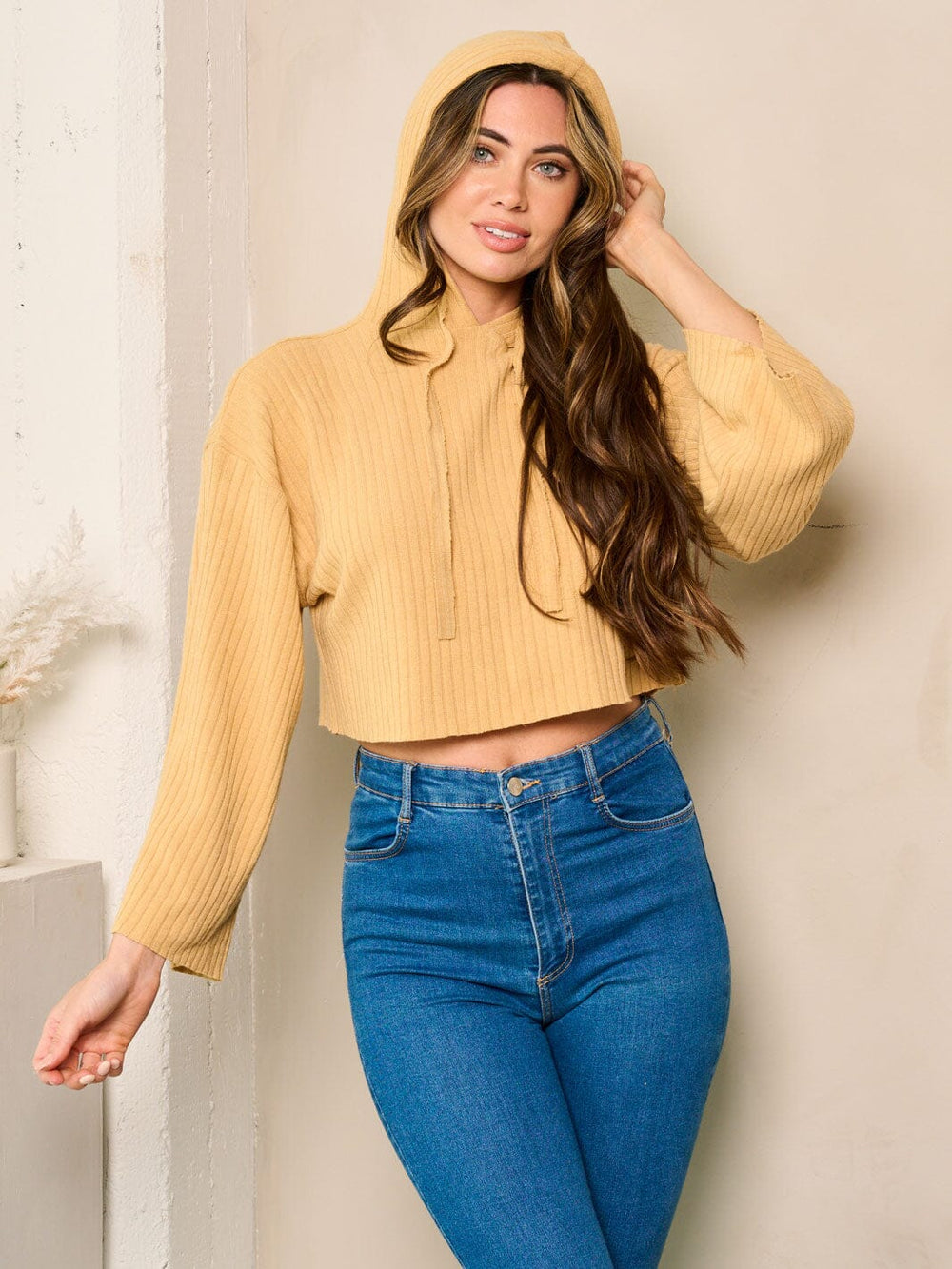 WOMEN'S LONG BELL SLEEVE HOODED RIBBED TOP