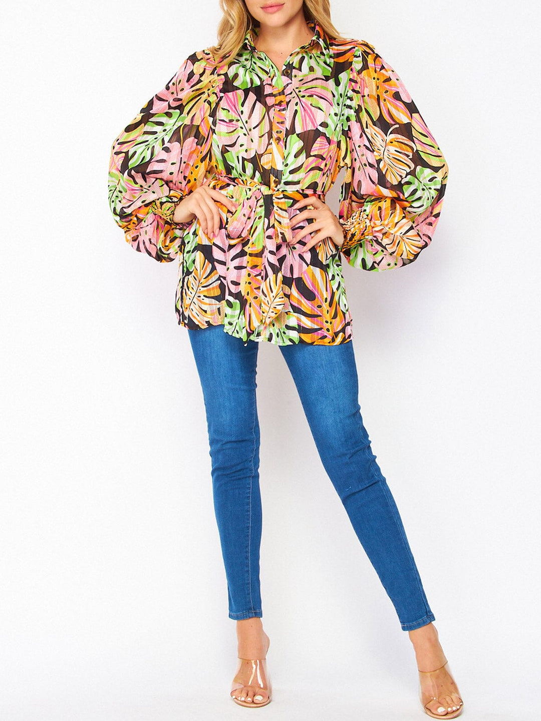 WOMEN'S LONG SLEEVE BUTTON UP LEAF PRINT BLOUSE TOP