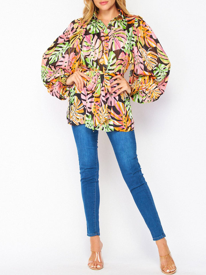 WOMEN'S LONG SLEEVE BUTTON UP LEAF PRINT BLOUSE TOP