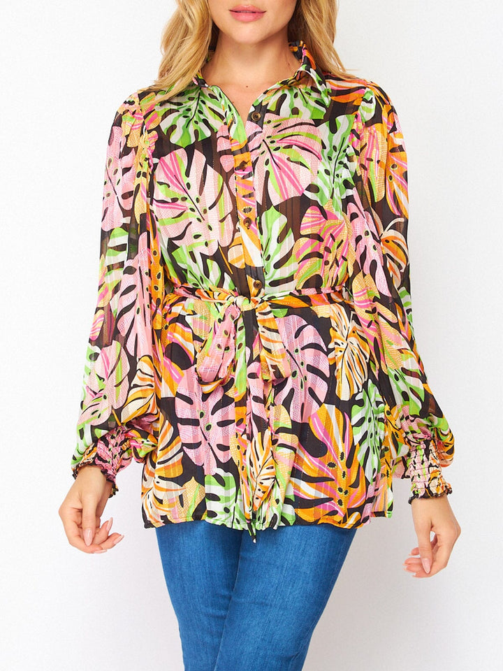 WOMEN'S LONG SLEEVE BUTTON UP LEAF PRINT BLOUSE TOP