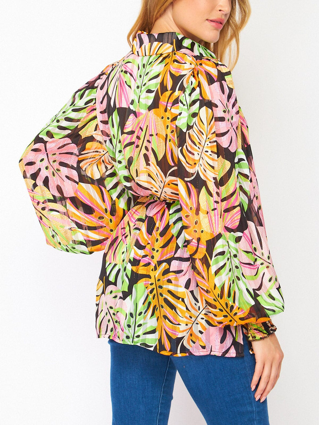 WOMEN'S LONG SLEEVE BUTTON UP LEAF PRINT BLOUSE TOP