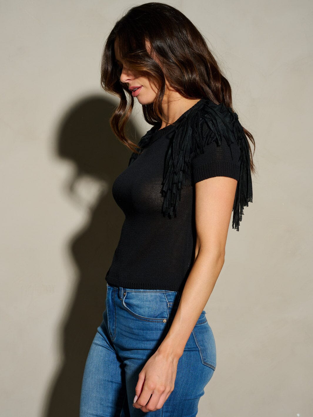 WOMEN'S SHORT FRINGE SLEEVE SOLID BLOUSE TOP
