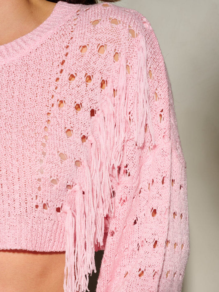 WOMEN'S LONG SLEEVE FRINGE DETAILED KNITTED CROP TOP