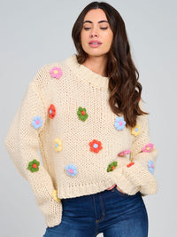 WOMEN'S LONG SLEEVE FLOWER DETAILED KNITTED PULLOVER SWEATER