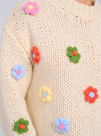WOMEN'S LONG SLEEVE FLOWER DETAILED KNITTED PULLOVER SWEATER