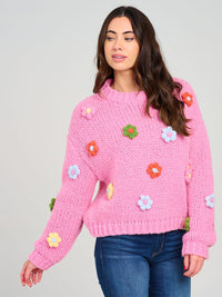 WOMEN'S LONG SLEEVE FLOWER DETAILED KNITTED PULLOVER SWEATER