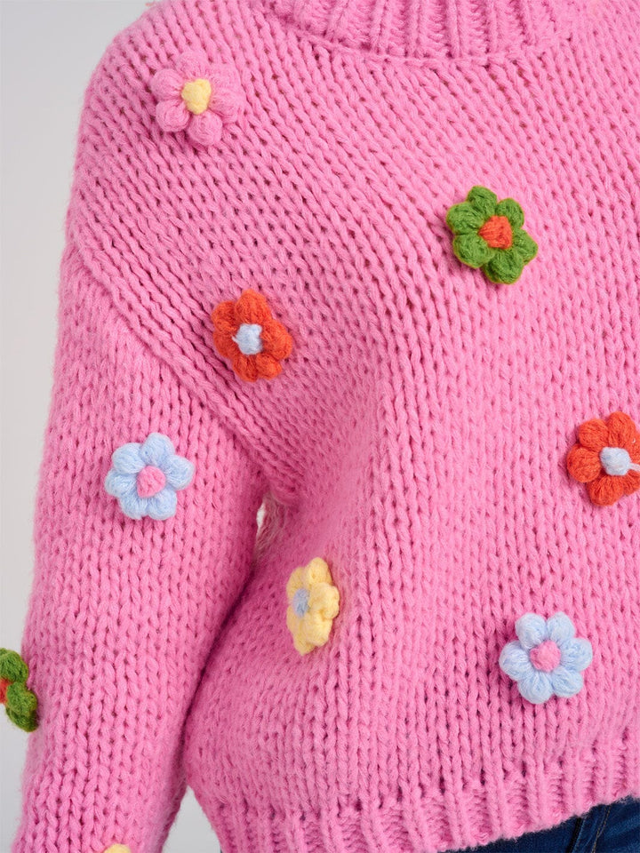 WOMEN'S LONG SLEEVE FLOWER DETAILED KNITTED PULLOVER SWEATER