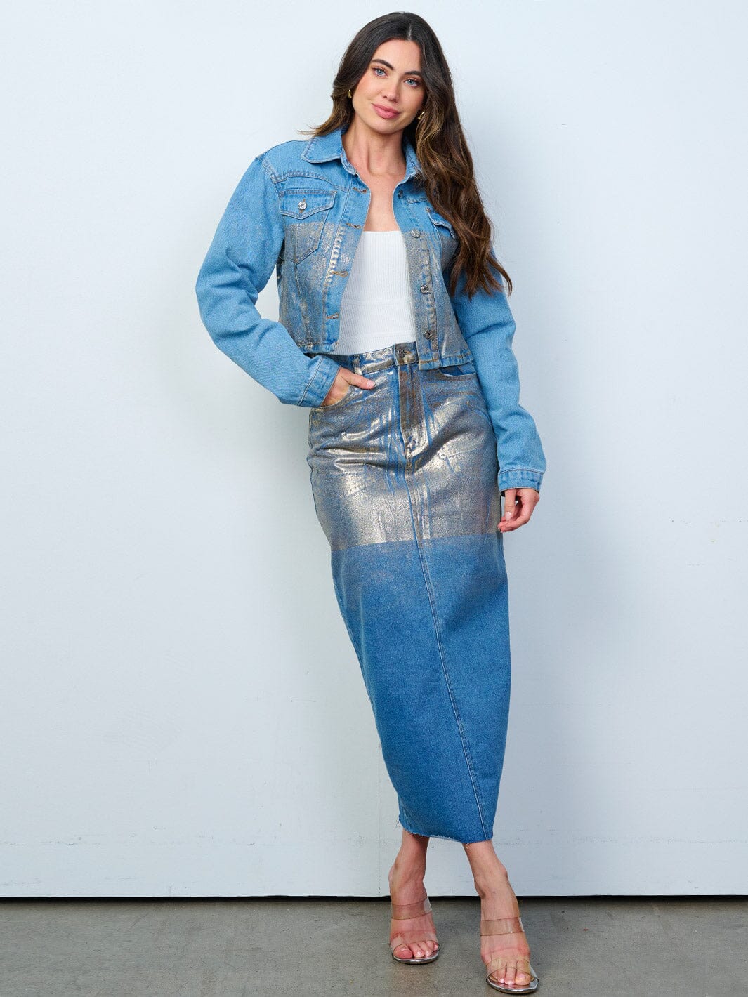 WOMEN'S LONG SLEEVE JACKET & MAXI SKIRT DENIM SHIMMER 2PC. SET
