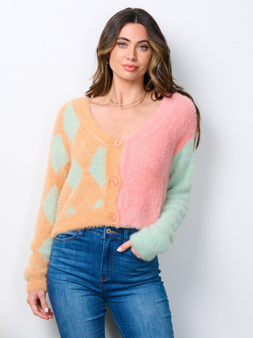 WOMEN'S LONG SLEEVE BUTTON UP COLORBLOCK FUZZY BLOUSE TOP
