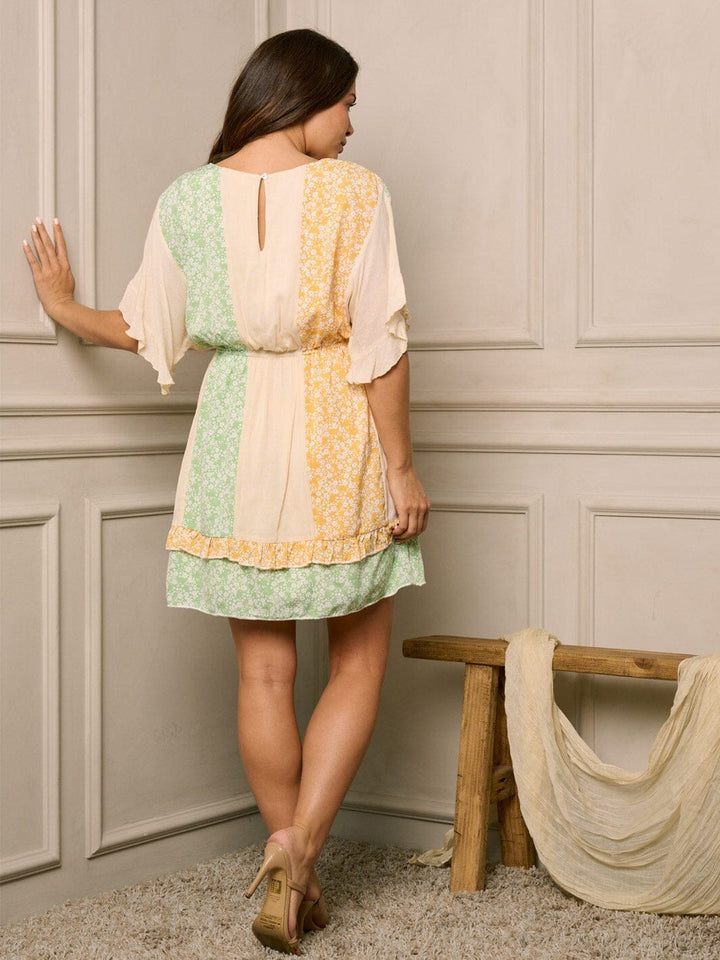 WOMEN'S SHORT SLEEVE COLORBLOCK FLORAL RUFFLE MINI DRESS