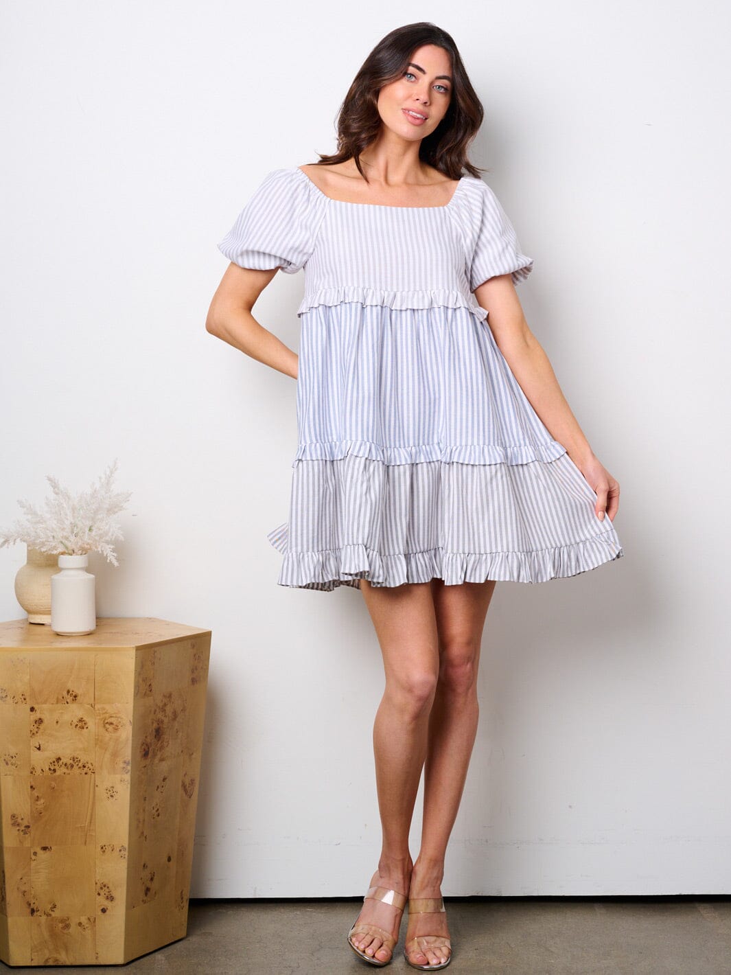 WOMEN'S SHORT PUFF SLEEVE FIT & FLARE COLORBLOCK STRIPES TUNIC MINI DRESS