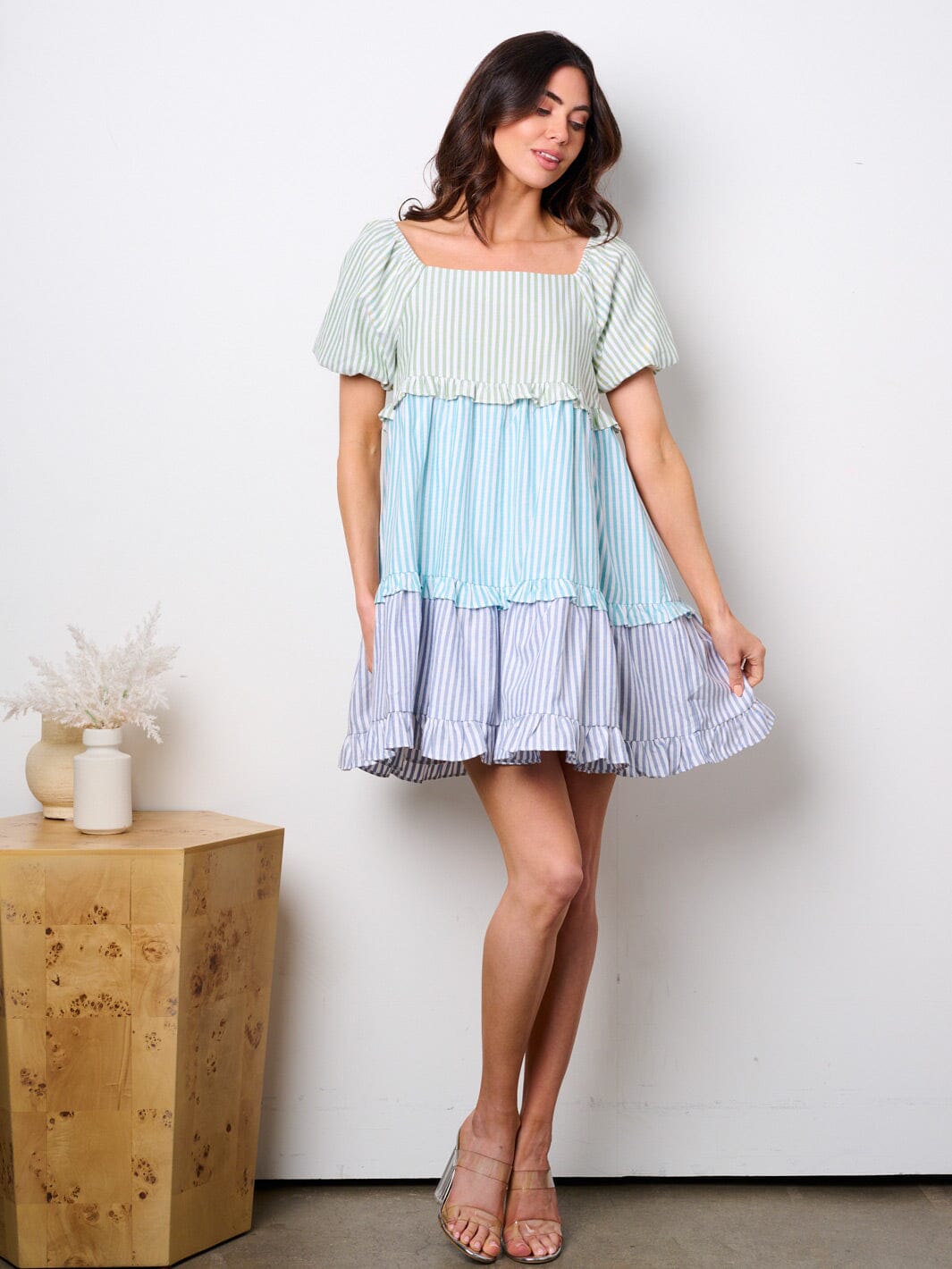 WOMEN'S SHORT PUFF SLEEVE FIT & FLARE COLORBLOCK STRIPES TUNIC MINI DRESS