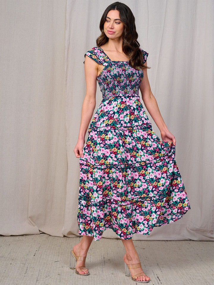 WOMEN'S SLEEVLESS SMOCK TIERED FLORAL MAXI DRESS