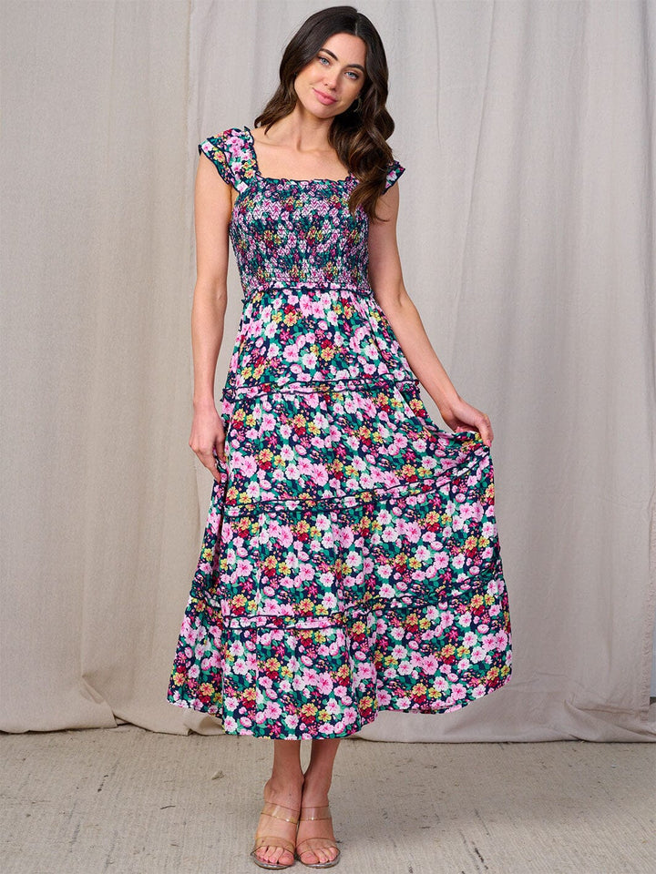 WOMEN'S SLEEVLESS SMOCK TIERED FLORAL MAXI DRESS