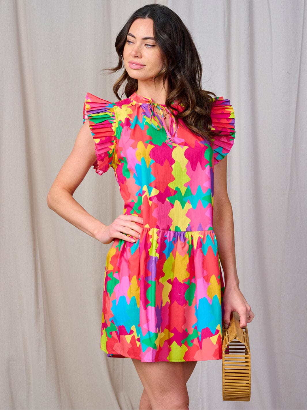 WOMEN'S RUFFLE SLEEVE MULTI PRINT TUNIC MINI DRESS