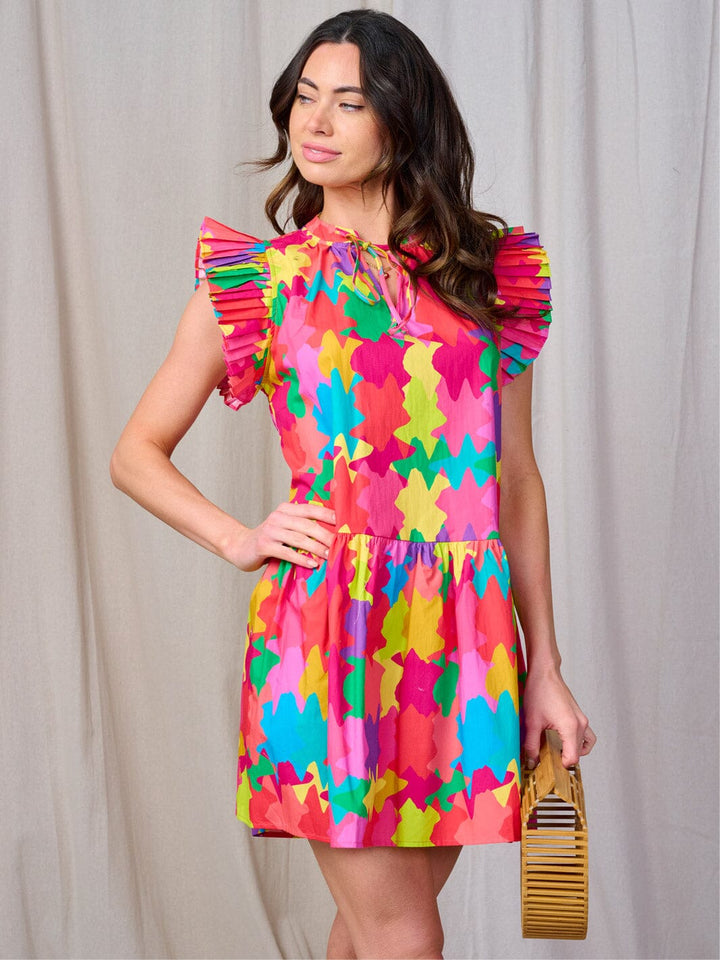 WOMEN'S RUFFLE SLEEVE MULTI PRINT TUNIC MINI DRESS