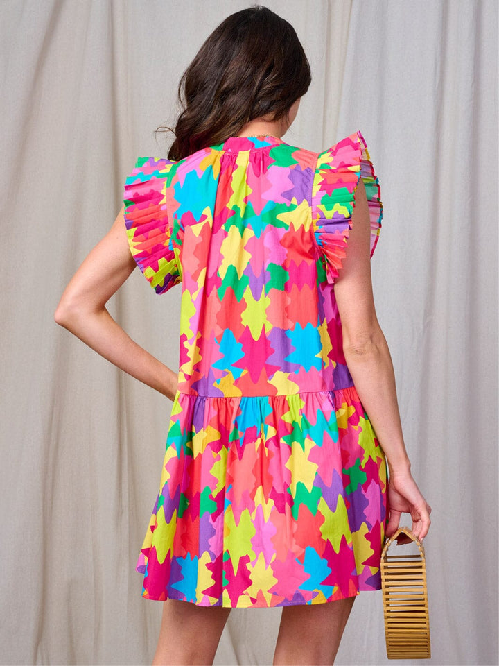 WOMEN'S RUFFLE SLEEVE MULTI PRINT TUNIC MINI DRESS