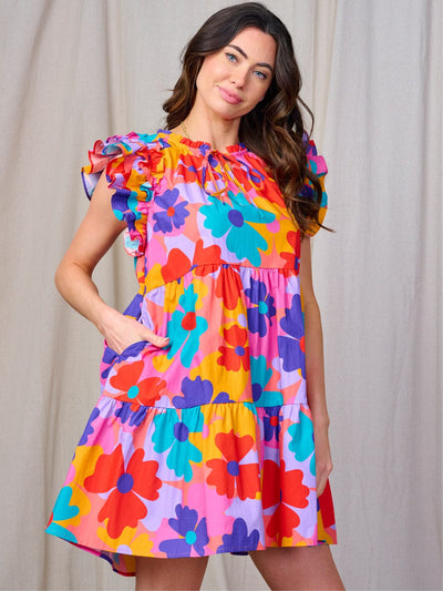 WOMEN'S RUFFLE SLEEVE FRONT POCKETS FLOWER PRINT TUNIC MINI DRESS