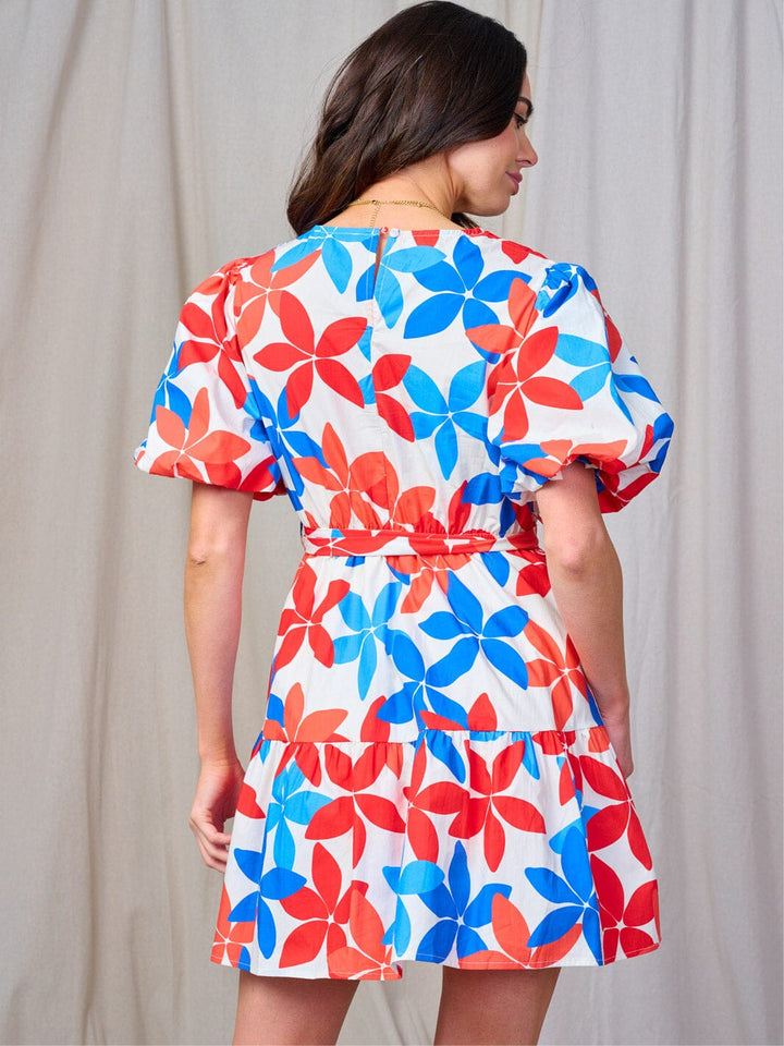 WOMEN'S SHORT SLEEVE V-NECK SELF TIE FLOWER PRINT MINI DRESS