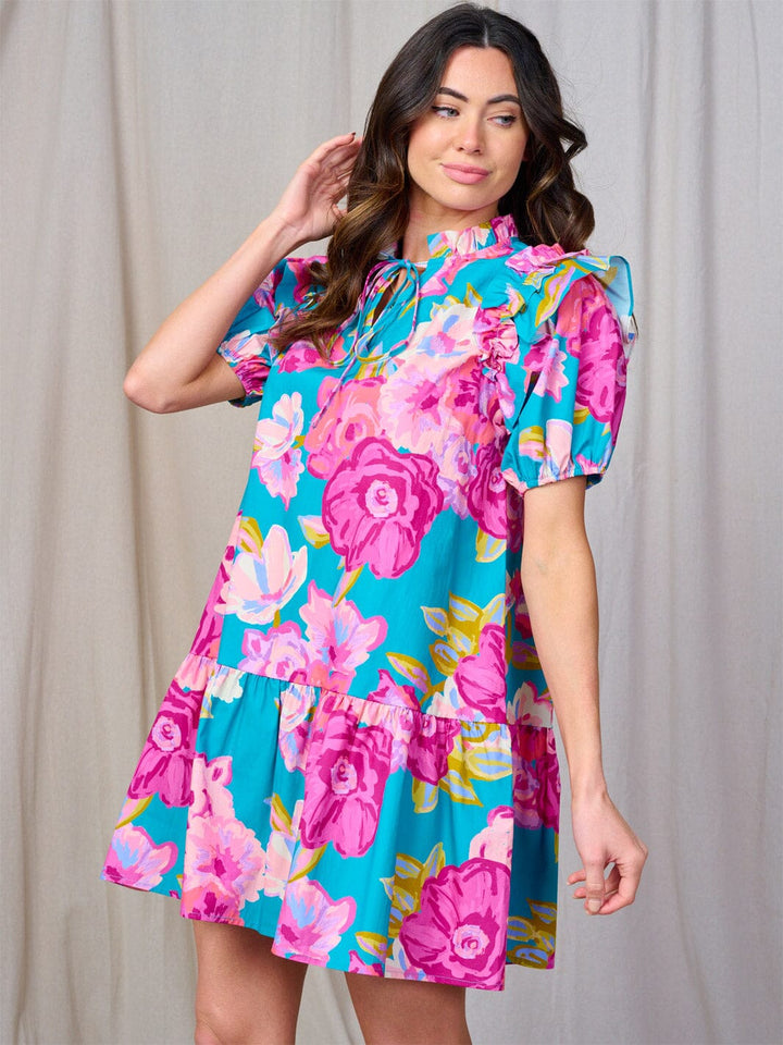 WOMEN'S SHORT SLEEVE V-NECK FLOWER PRINT TUNIC MINI DRESS