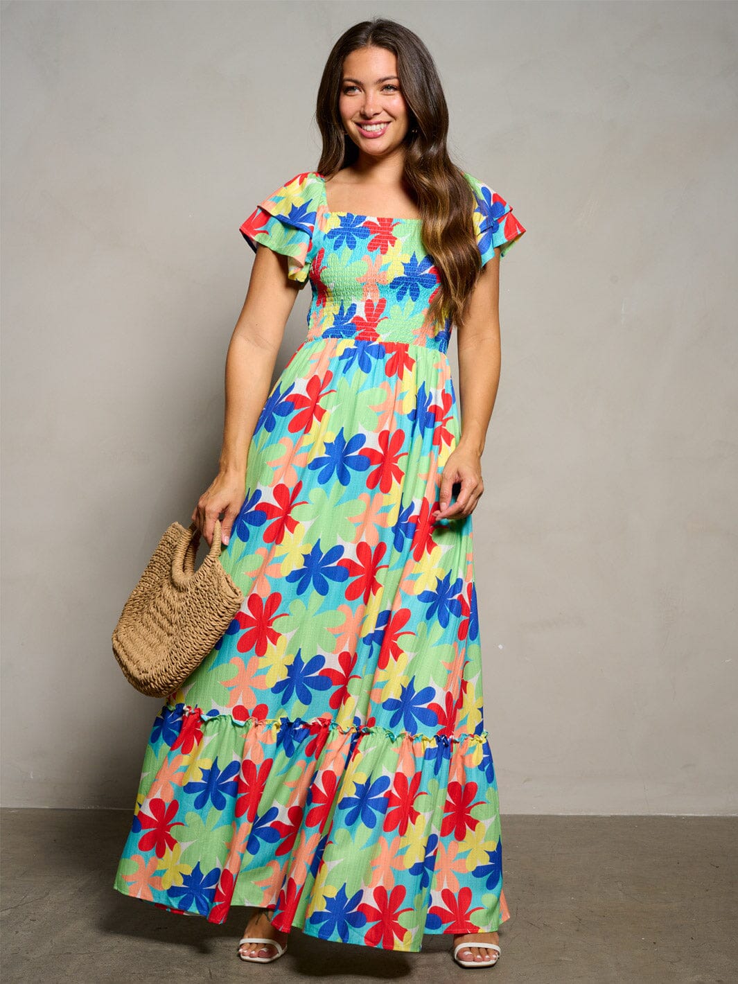 WOMEN'S SHORT RUFFLE SLEEVE SMOCK FLORAL PRINT MAXI DRESS