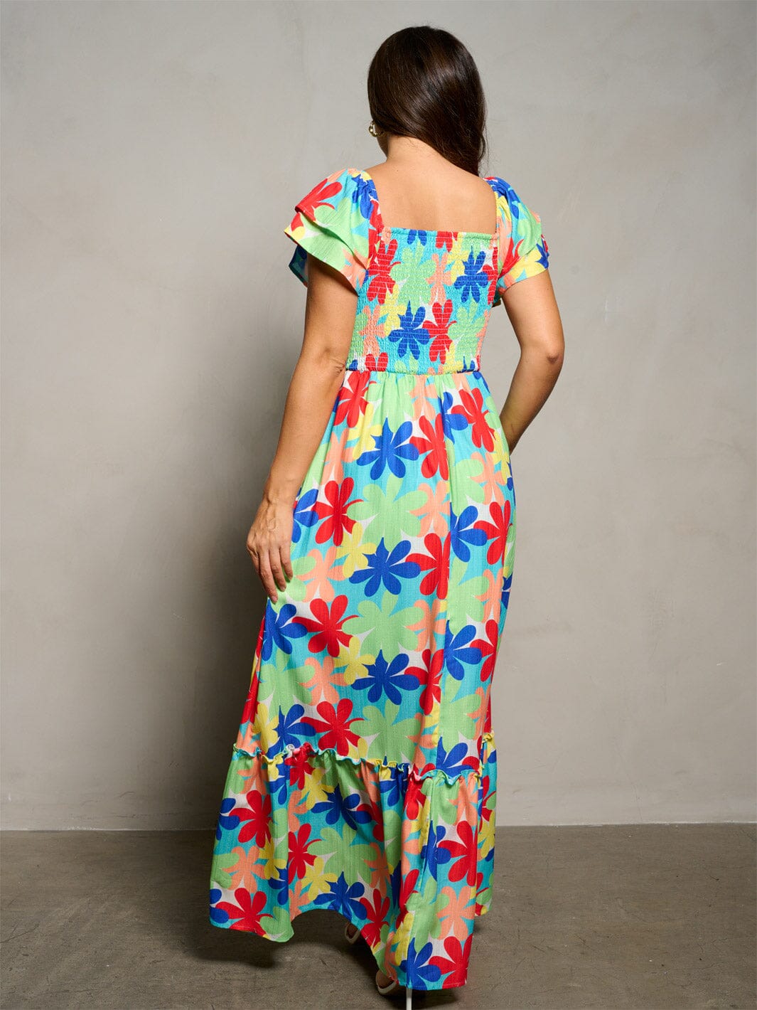 WOMEN'S SHORT RUFFLE SLEEVE SMOCK FLORAL PRINT MAXI DRESS