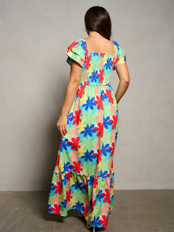 WOMEN'S SHORT RUFFLE SLEEVE SMOCK FLORAL PRINT MAXI DRESS