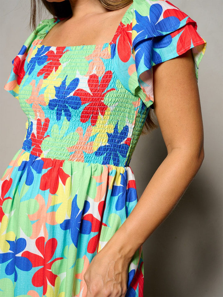 WOMEN'S SHORT RUFFLE SLEEVE SMOCK FLORAL PRINT MAXI DRESS