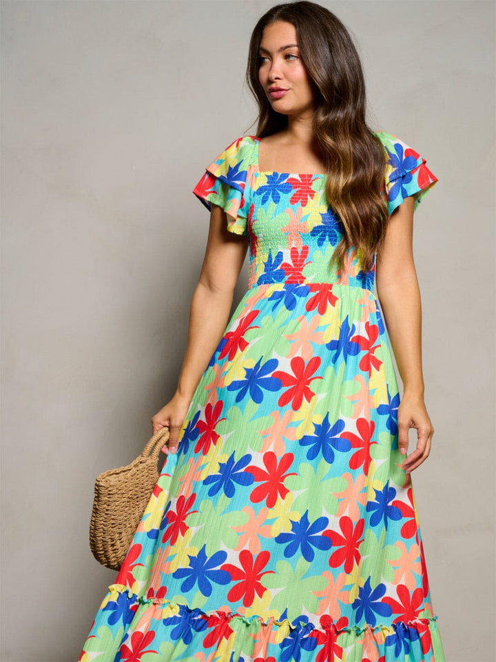 WOMEN'S SHORT RUFFLE SLEEVE SMOCK FLORAL PRINT MAXI DRESS