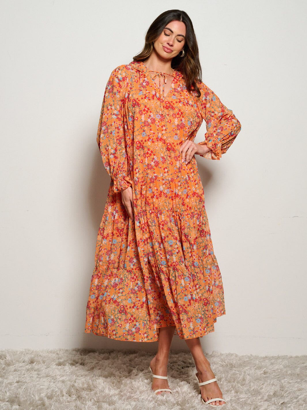 WOMEN'S LONG SLEEVE V-NECK RUFFLE FLORAL MAXI DRESS