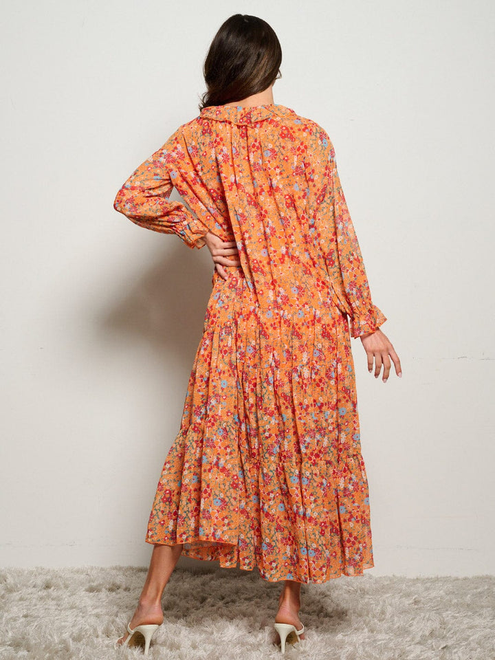 WOMEN'S LONG SLEEVE V-NECK RUFFLE FLORAL MAXI DRESS