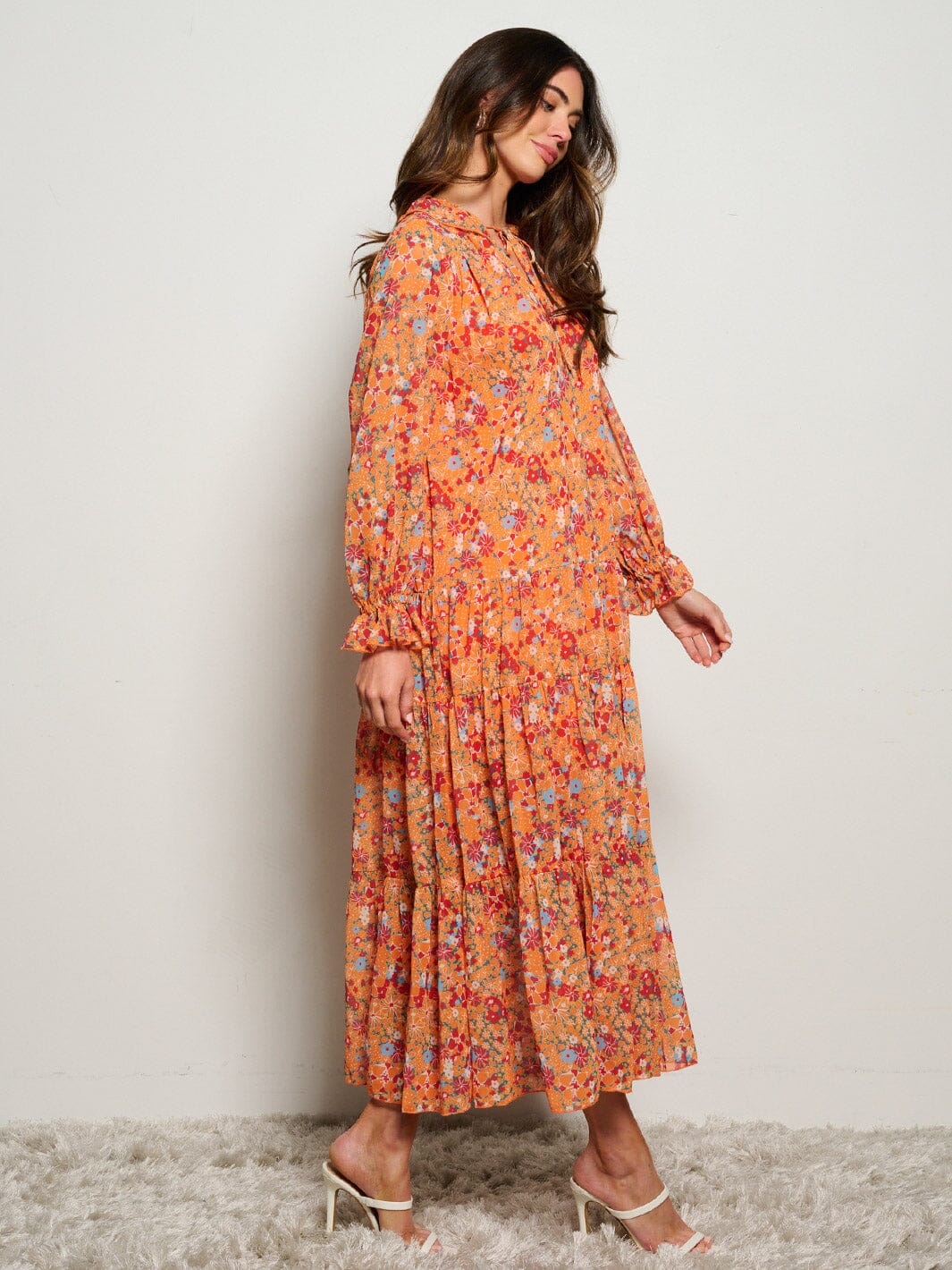WOMEN'S LONG SLEEVE V-NECK RUFFLE FLORAL MAXI DRESS