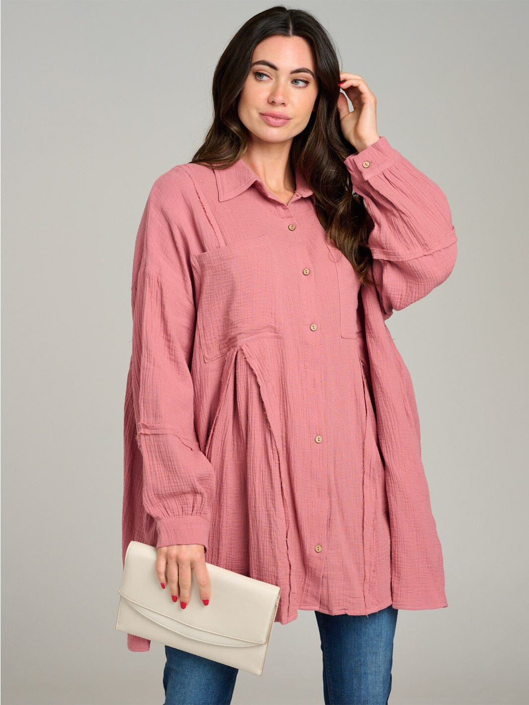 WOMEN'S LONG SLEEVE BUTTON UP FRONT POCKET OVERSIZED TUNIC TOP