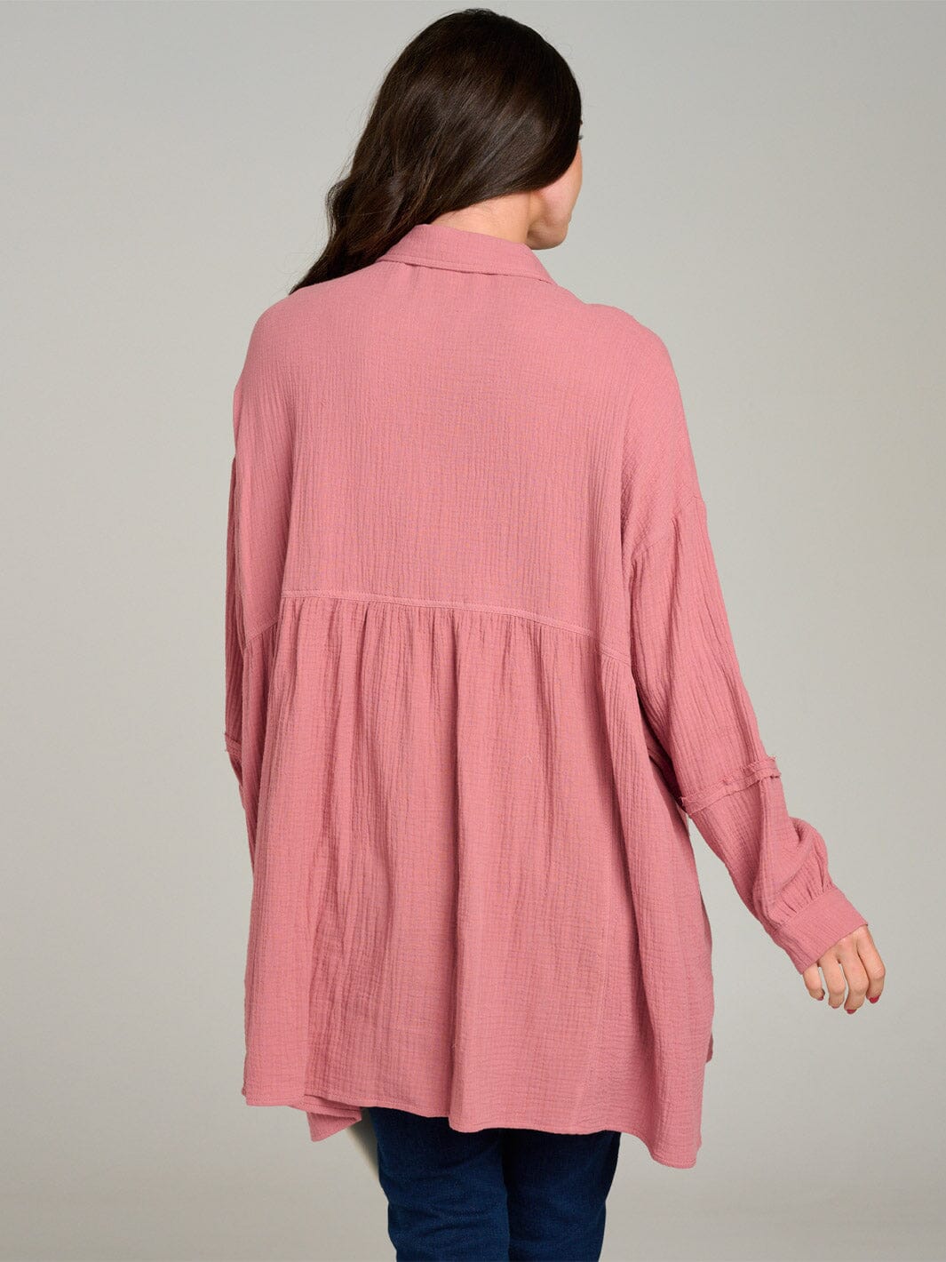 WOMEN'S LONG SLEEVE BUTTON UP FRONT POCKET OVERSIZED TUNIC TOP