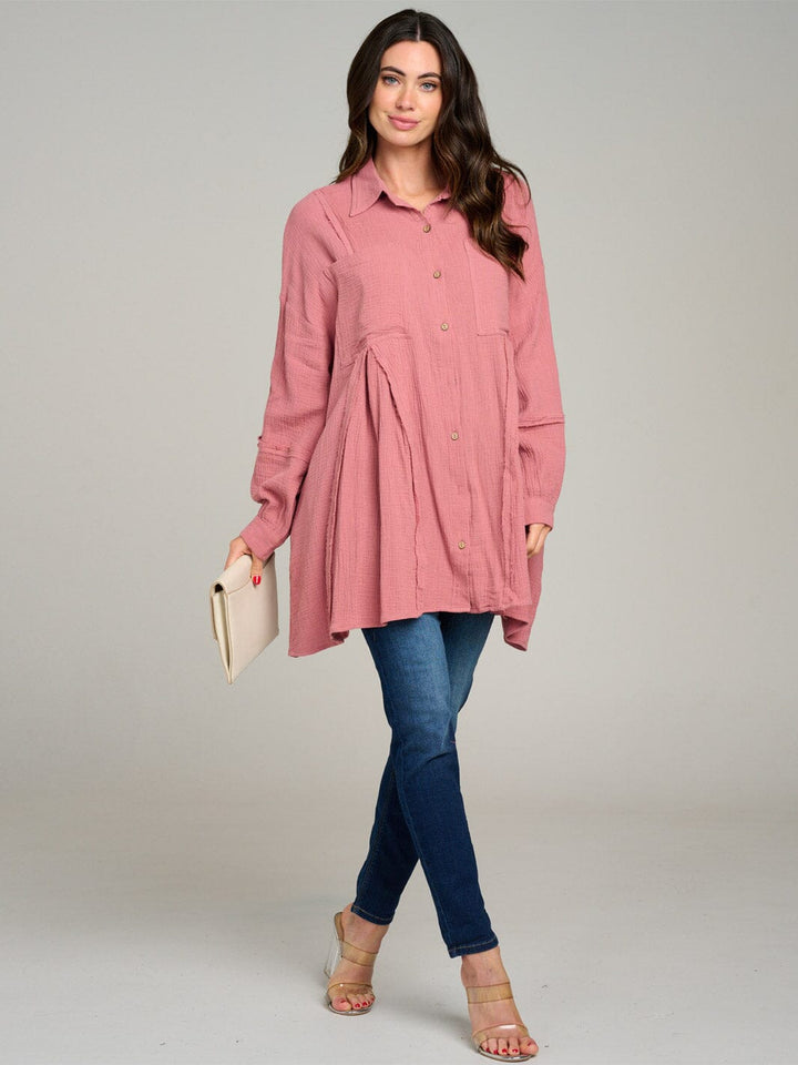 WOMEN'S LONG SLEEVE BUTTON UP FRONT POCKET OVERSIZED TUNIC TOP
