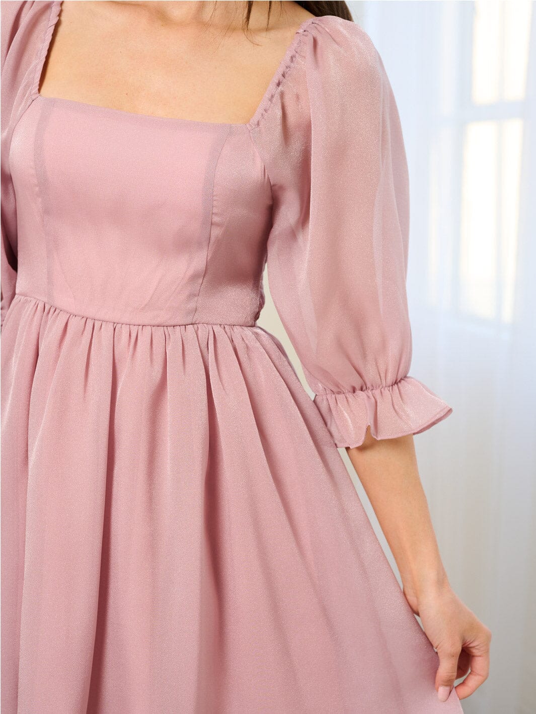 WOMEN'S 3/4 SLEEVE ELASTIC WAIST SMOCK SQUARE NECK MINI DRESS