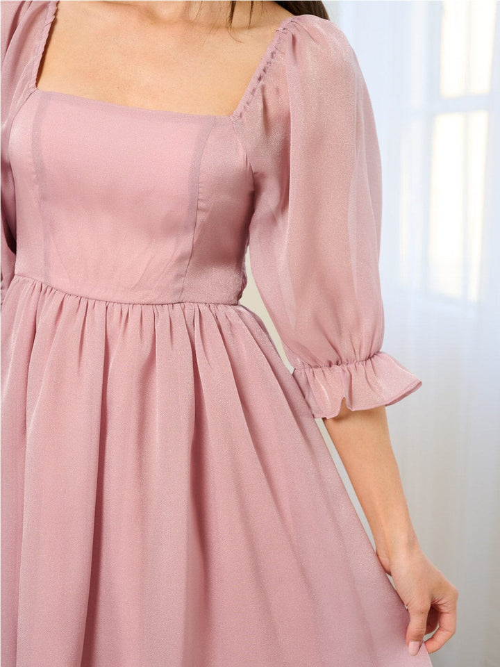 WOMEN'S 3/4 SLEEVE ELASTIC WAIST SMOCK SQUARE NECK MINI DRESS