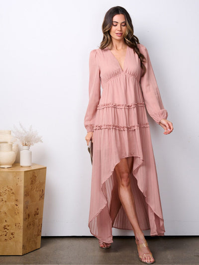WOMEN'S LONG SLEEVE V-NECK TIERED HIGH-LOW MAXI DRESS