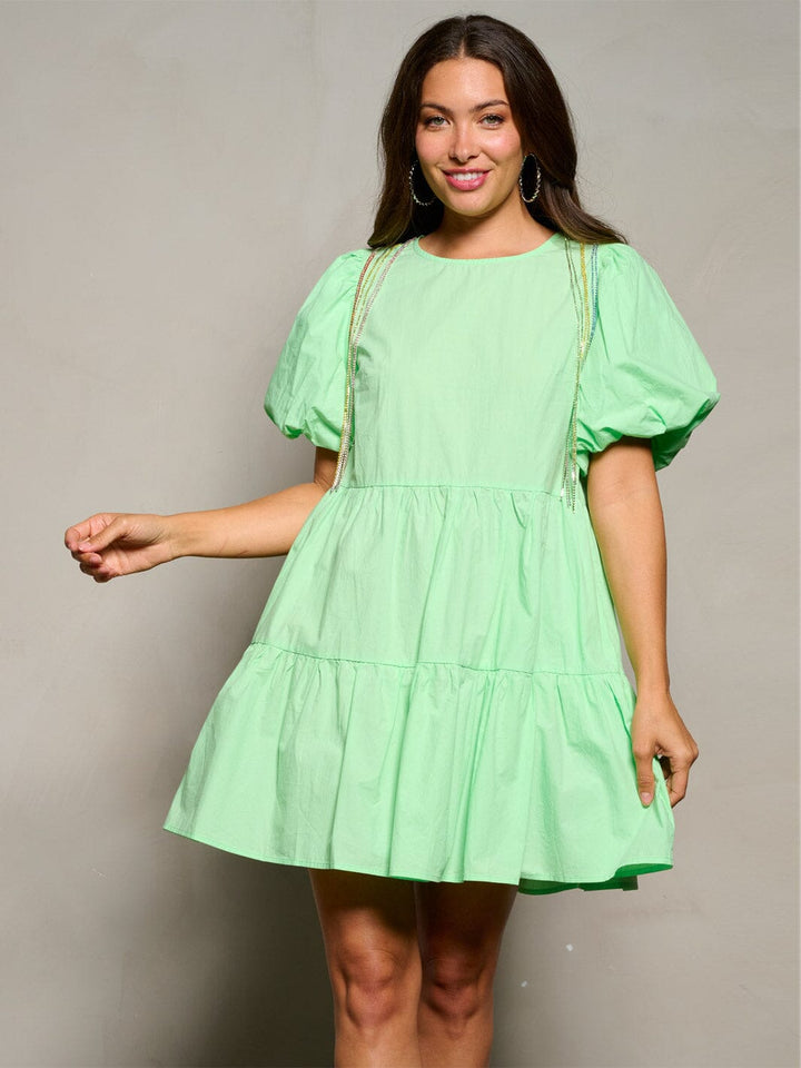 WOMEN'S SHORT PUFF SLEEVE TUNIC TIERED FRINGE STUDS MINI DRESS