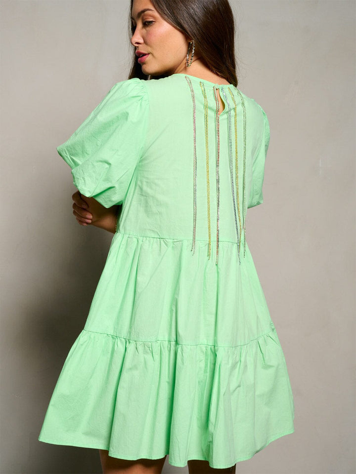 WOMEN'S SHORT PUFF SLEEVE TUNIC TIERED FRINGE STUDS MINI DRESS