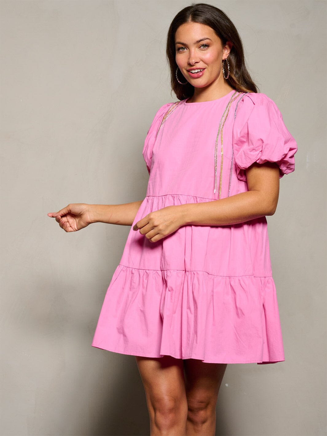 WOMEN'S SHORT PUFF SLEEVE TUNIC TIERED FRINGE STUDS MINI DRESS