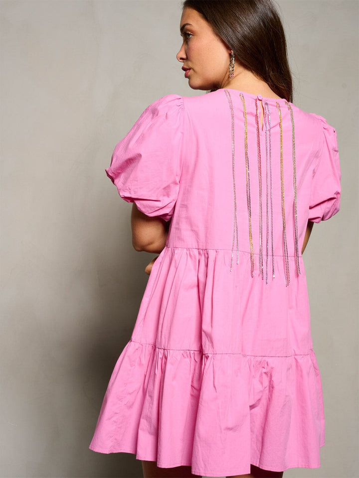 WOMEN'S SHORT PUFF SLEEVE TUNIC TIERED FRINGE STUDS MINI DRESS