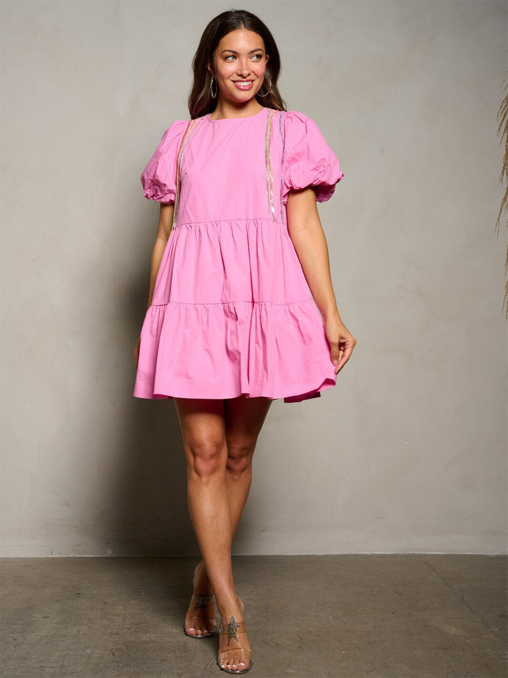 WOMEN'S SHORT PUFF SLEEVE TUNIC TIERED FRINGE STUDS MINI DRESS