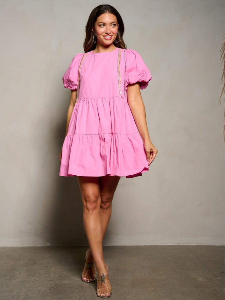WOMEN'S SHORT PUFF SLEEVE TUNIC TIERED FRINGE STUDS MINI DRESS