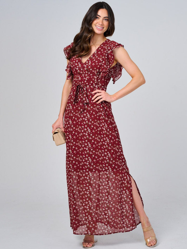 WOMEN'S RUFFLE SLEEVE V-NECK SELF TIE OPEN BACK FLORAL MAXI DRESS